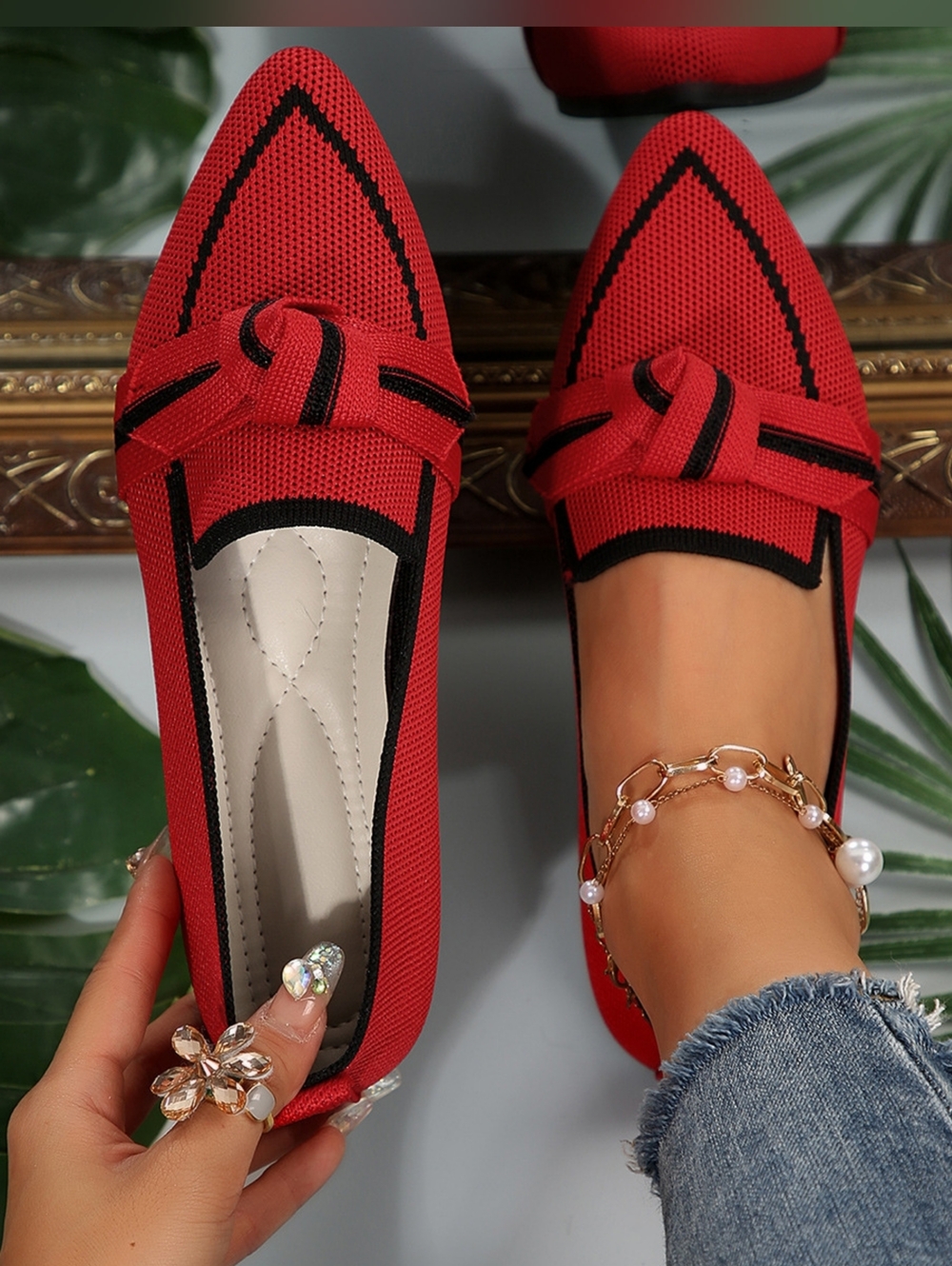 Women's Red Knitted Pointed Toe Flat Loafers with Black Trim